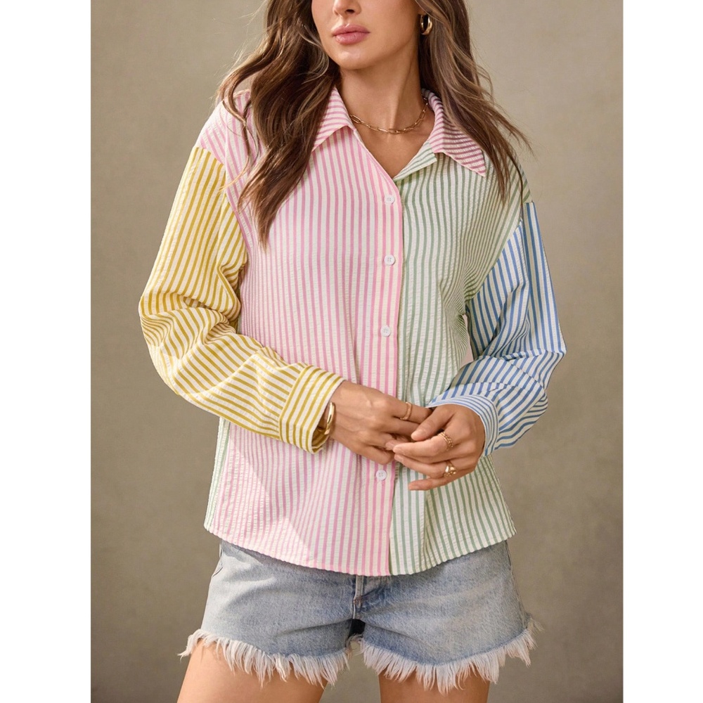 Multicolor Striped Casual Button Down Shirt (Blue, Green, Yellow, Pink - Picture 7 of 9